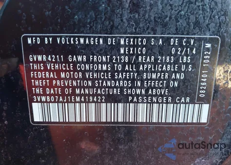 2014 Volkswagen Jetta 1.8T Se из США, поврежденный, VIN 3VWB07AJ1EM419422